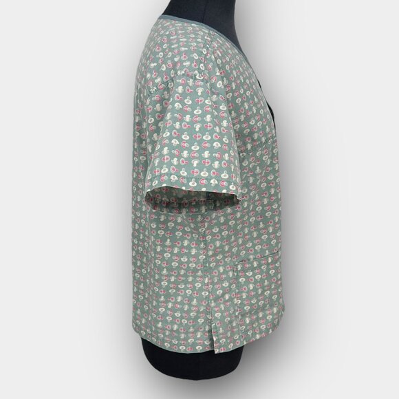 MOBB Womens Mock Wrap V Neck Scrub Top Green Print Short Sleeve S/M P - Picture 3 of 8